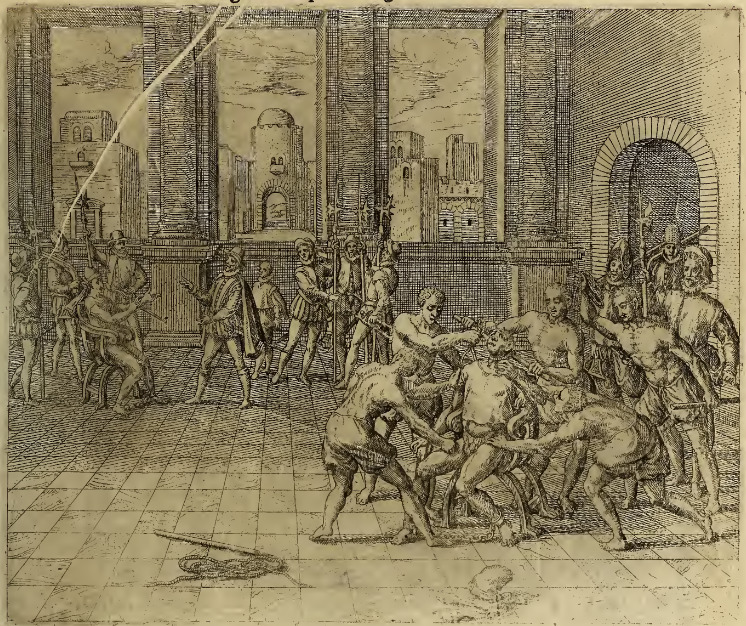 Franciscus Pizarrus, contra fidem datam, Atabalibæ gulam laqueo frangi iubet.