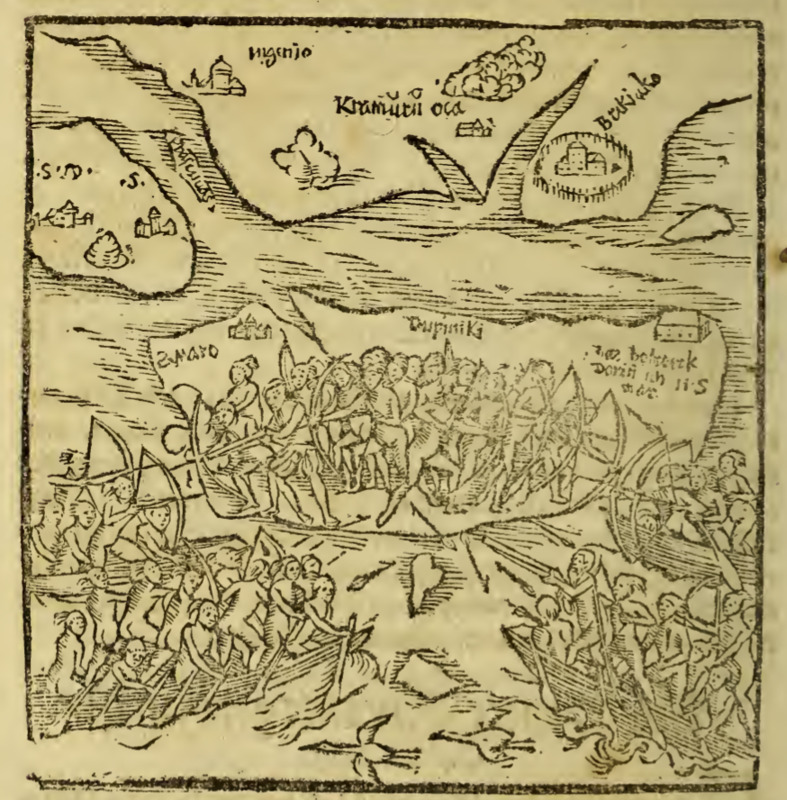 [Two Brazilian Indigenous groups, one group in canoes and the other on land, attack each other]