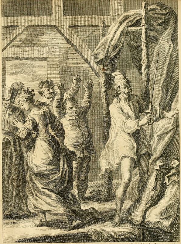 [Don Quixote attacks the wineskins]