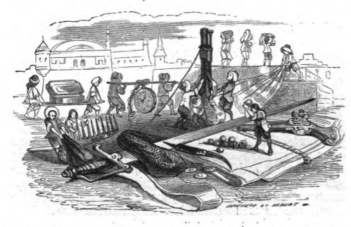 [Lilliputians take inventory of Gulliver’s person effects]