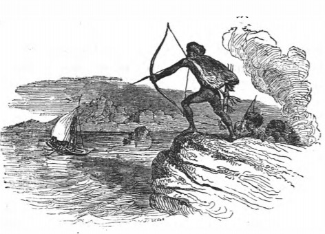 [native peoples of New Holland shoot arrows at Gulliver]