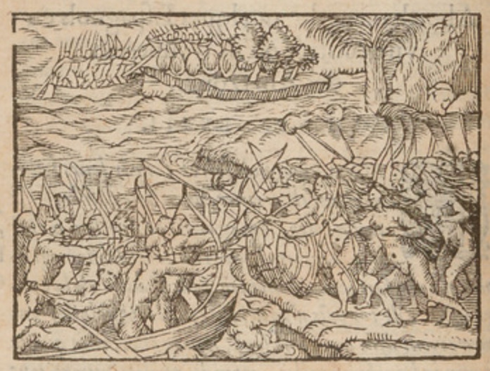 [Indigenous Brazilian women on land in conflict with Indigenous Brazilian men in canoes]