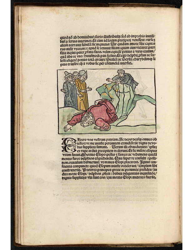 Esopi Appologi siue Mythologi cum quibusdam carminum et fabularum additionibus Sebastiani Brant. [Man gets pushed down as others watch]