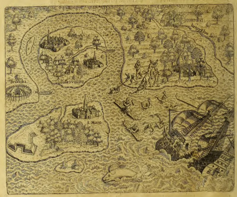 [Europeans are shipwrecked near the coast of Brazil, close to several European and Tupinambá settlements]