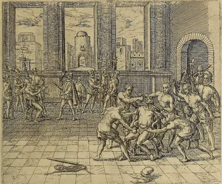 Franciscus Pizarrus läßt den König Atabaliba wider verheissene trew und glauben auffhencken.