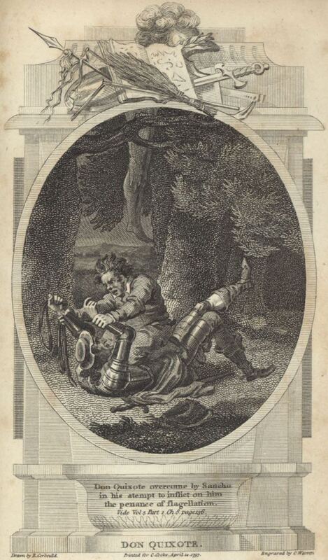 Don Quixote overcome by Sancho in his atempt to inflict on him the penance of flagellation