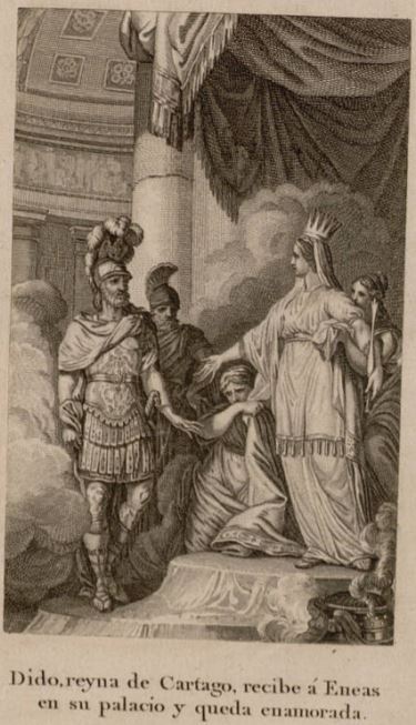 Dido, reyna de Cartago, recibe a Eneas en su palacio y queda enamorada