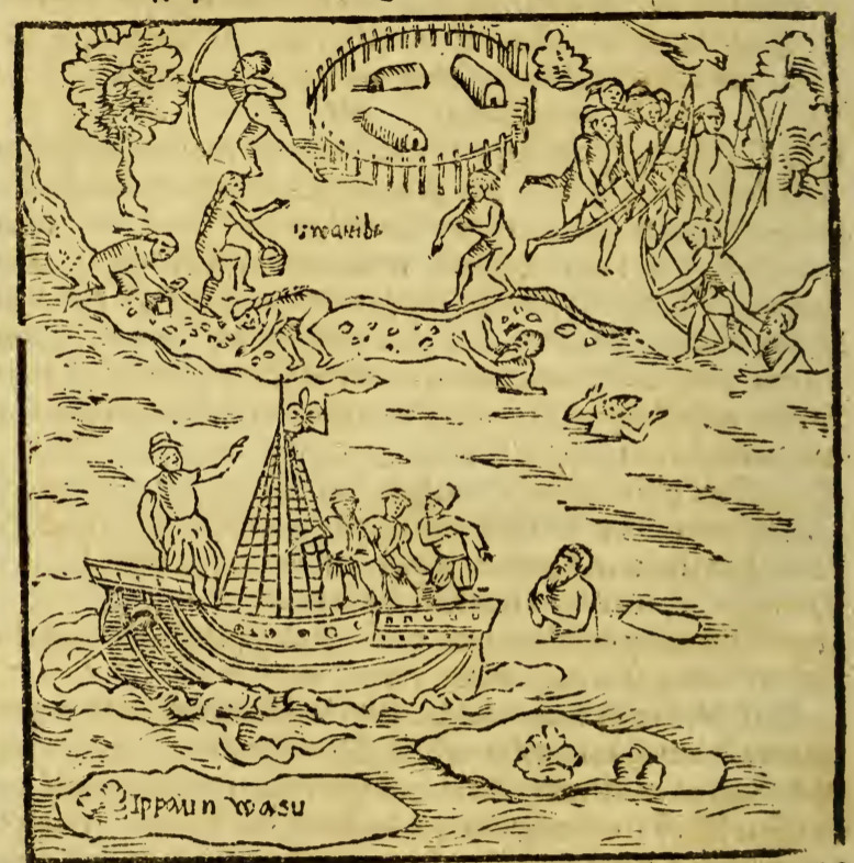 [A European ship sails along the coast of Brazil near an Indigenous village]