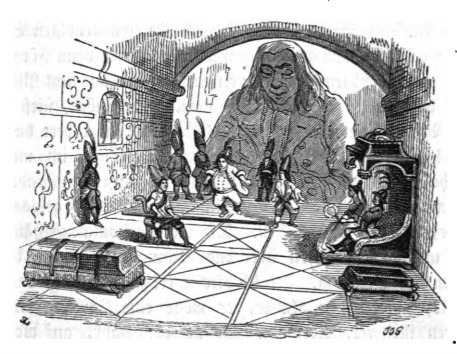 [Lilliputians play a game while Gulliver watches]