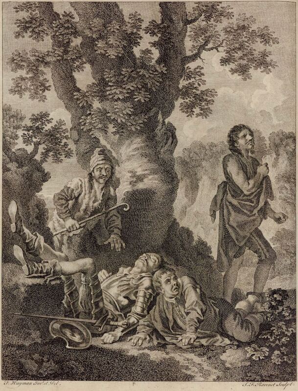 [Cardenio attacks Don Quixote and Sancho Panza]