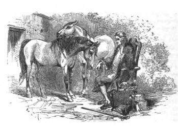 [Gulliver sits with horses in England]
