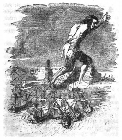 [Gulliver pulling Blefuscudian ships back to Blefuscu]