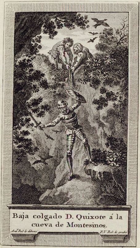 Baja colgado D. Quixote á la cueva de Montesinos