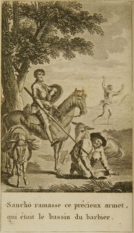 Sancho ramasse ce précieux armet, qui étoit le bassin du barbier