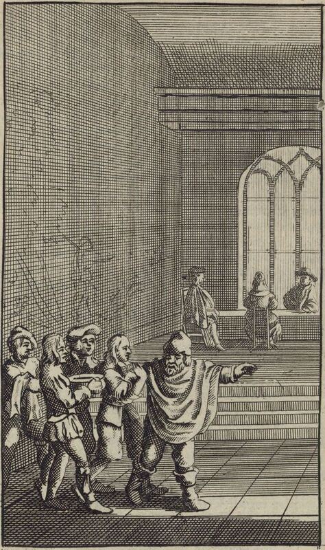 [The duke's servants try to wash Sancho Panza's beard]
