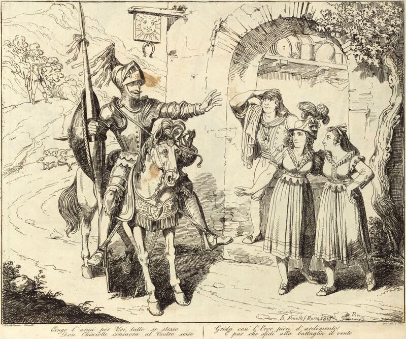 Cinge l'armi per Voi, tutto se stesso / Don Chisciotte consacra al Vostro sesso / Grida così l'Eroe pien d'ardimento, / E par che sfidi alla battaglia il vento.
