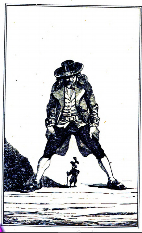 [Gulliver stands with a Lilliputian underneath him]