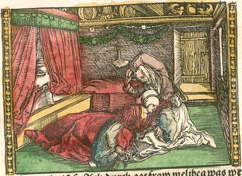 [Act X (Second Illustration) – Melibea Collapses After Celestina Pressures Her to Reveal Her Love for Calisto]
