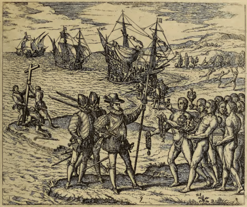 Columbus in India primo appellens, magnis excipitur muneribus ab Incolis.