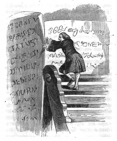 [Gulliver examines the scrolls on Brobdingnag]