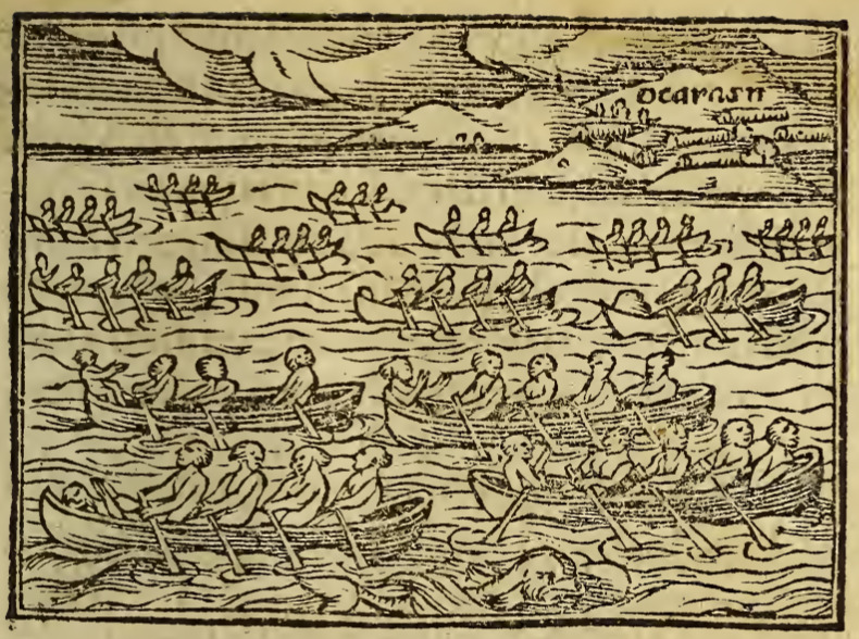 [Tupinambá people canoe off the coast of Brazil]