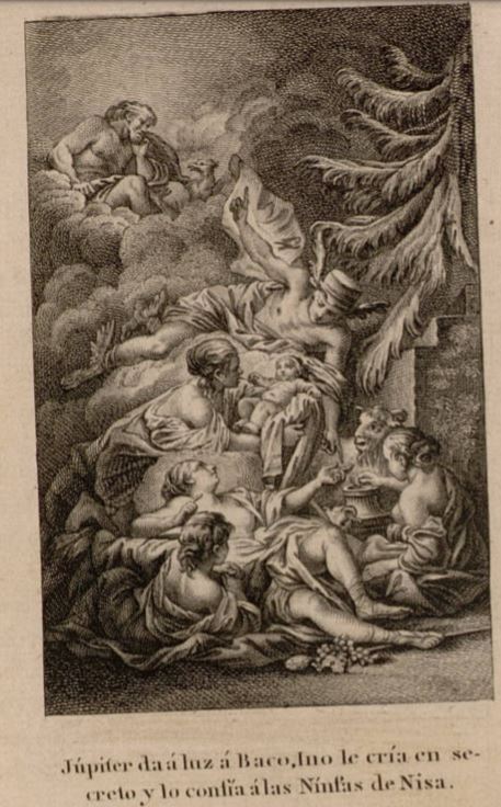 Jupiter da a luz a Baco Ino le cria en secreto y lo confia a las Ninfas de Nisa