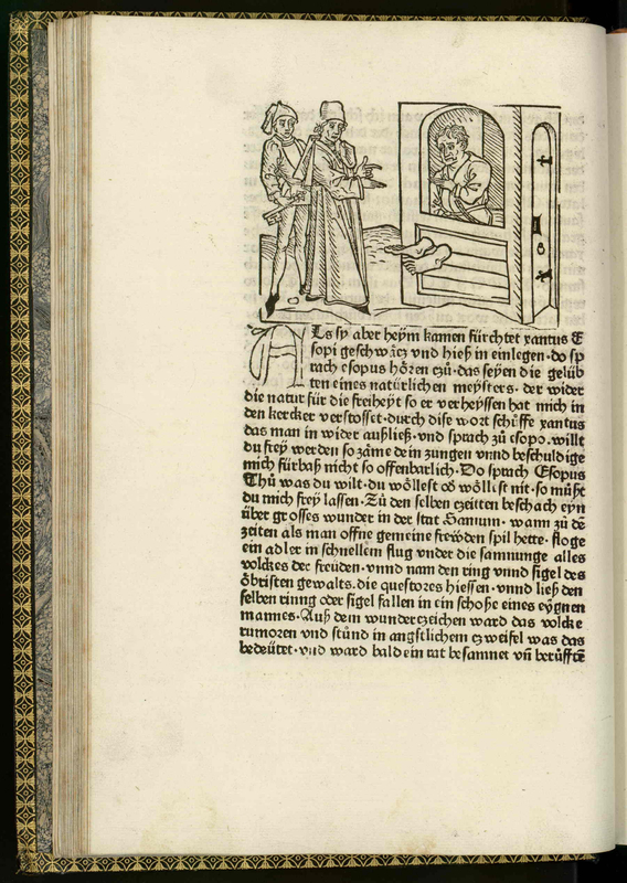 Vita et Fabulae [Two men converse with a person who is inside a small structure with only his feet sticking out]