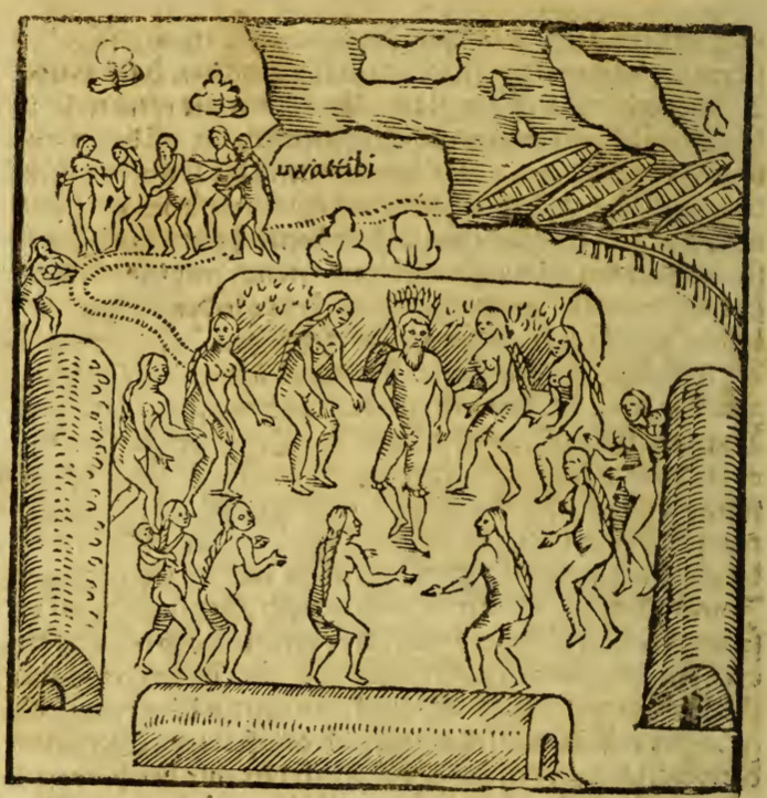 [Tupinambá women dance around a bearded man in a village]