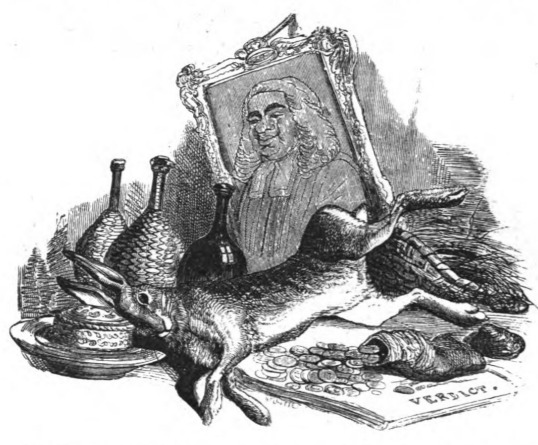 [items representing the corruption of the English legal system]
