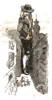 [Gulliver squeezes through narrow streets of Mildendo]