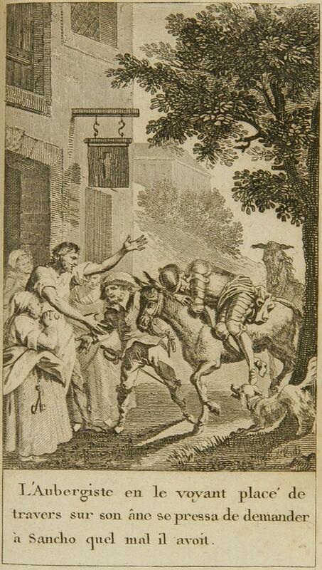 L'Aubergiste en le voyant placé de travers sur son âne se pressa de demander à Sancho quel mal il avoit