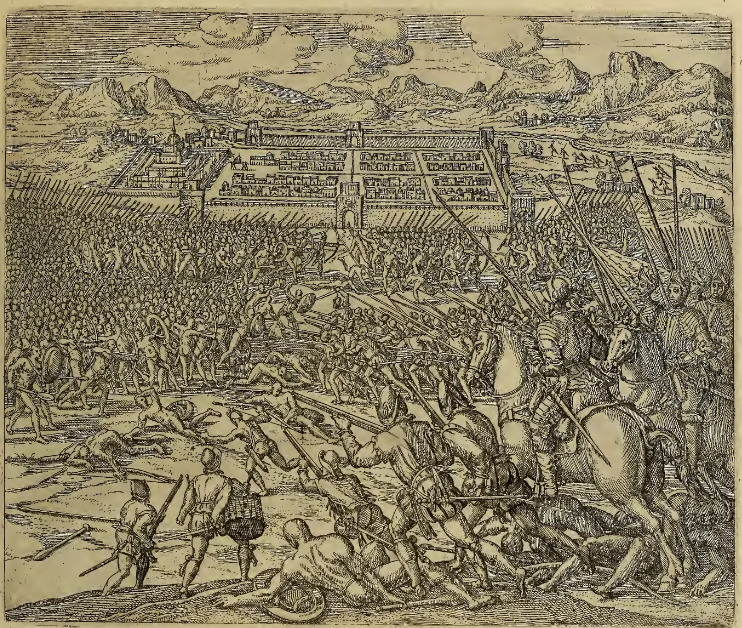 Die Spanier und Indianer halten eine Schlacht, für der Stadt Cuzco.