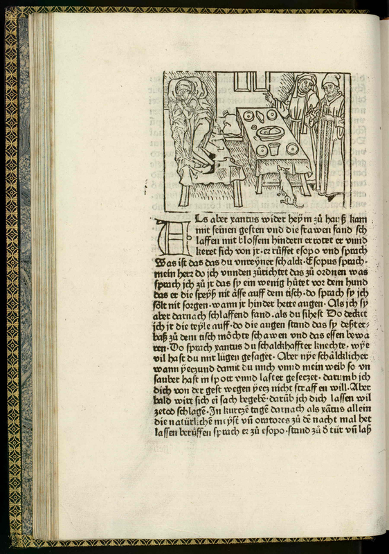 Vita et Fabulae [A person is sleeping while a dog observes and while two people in Holy attire converse]