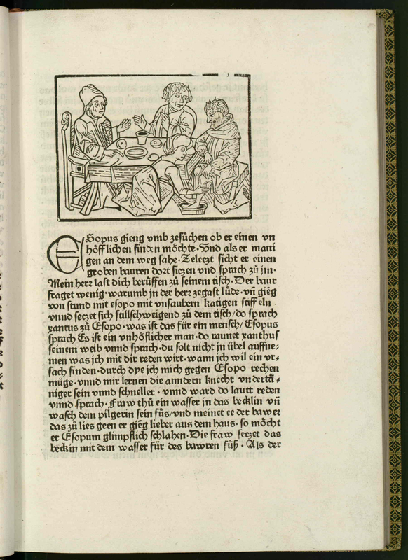 Vita et. Fabulae [Three men are sitting at the table and the third man is getting his feet washed by a person]