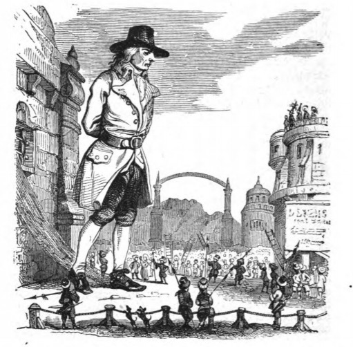 [Gulliver standing in the courtyard at the Emperor’s castle]