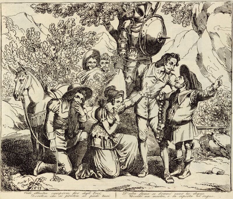 Vedi illustre campion, fior degli Eroi, / Dorotea, che si prostra ai piedi tuoi. / D'alta fama se brami esser tu degno, / Uccidi un mostro, e la riporta al regno.