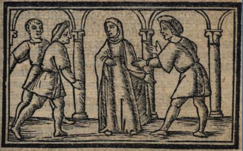 [Act VIII – A Female Figure and Three Male Figures Converse]