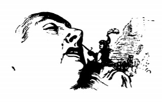 [A Lilliputian guard sticks his sword in Gulliver’s nose]