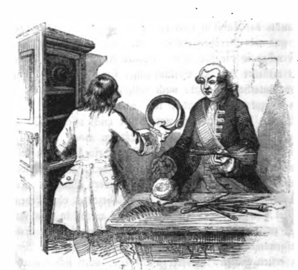 [Gulliver shows the Captain of the ship the things he brought from Brobdingnag]