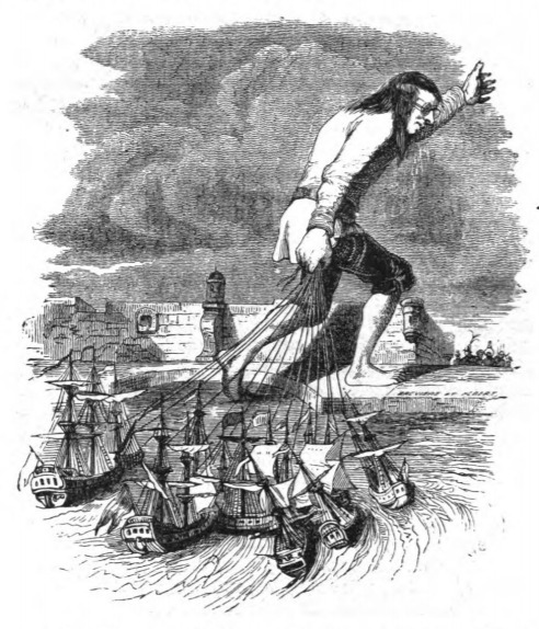 [Gulliver pulls Blefuscudian ships back to Blefuscu]