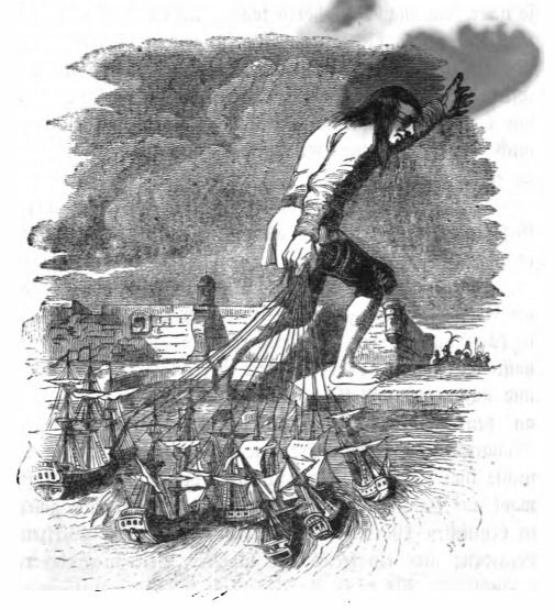 [Gulliver pulls Blefuscu’s warships back to land]