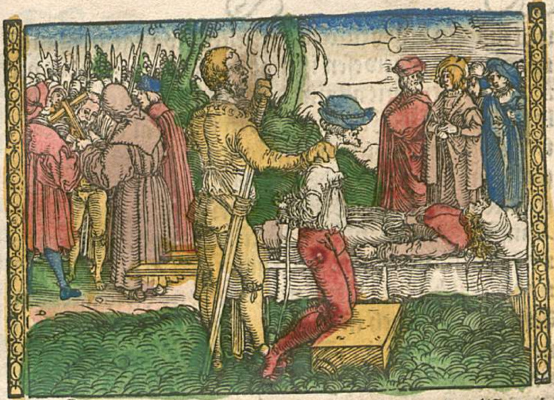 [Act XIII – Many Bystanders Observe as Sempronio Is Executed After Pármeno, Who Lies Dead Behind Him]