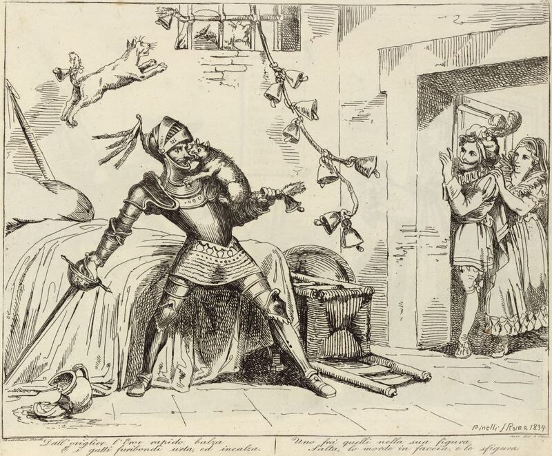 Dall'origlier l'Eroe rapido balza / E i gatti furibondi urta, ed incalza. / Uno frà quelli nella sua figura / Salta, lo morde in faccia, e lo sfigura.