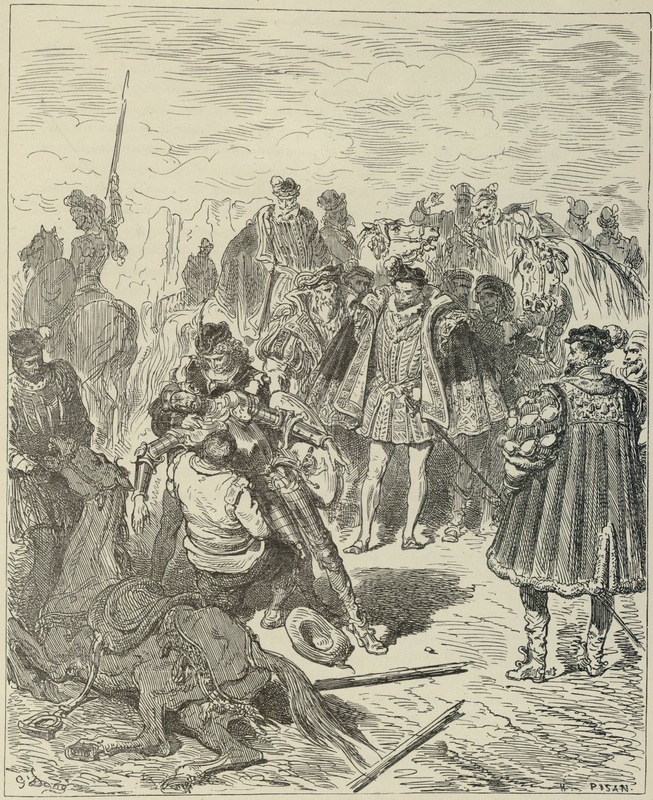 On releva Don Quichotte et on lui découvrit le visage qu'on trouva pale, inanimé et inondé de sueur