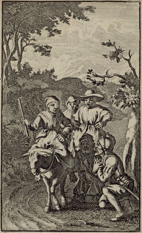 [Don Quixote and Sancho Panza kneel before the enchanted Dulcinea]
