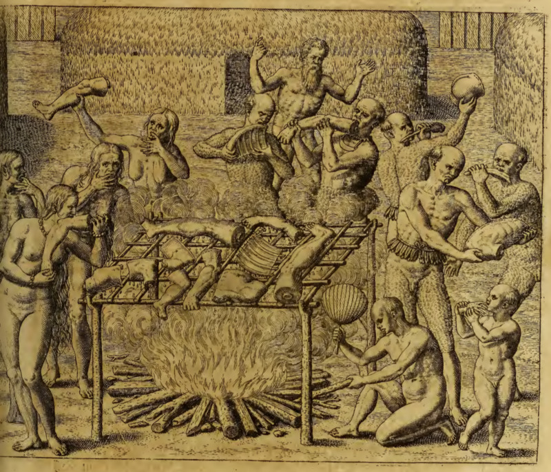 [The Tupinambá engage in cannibalism while a European man looks on]