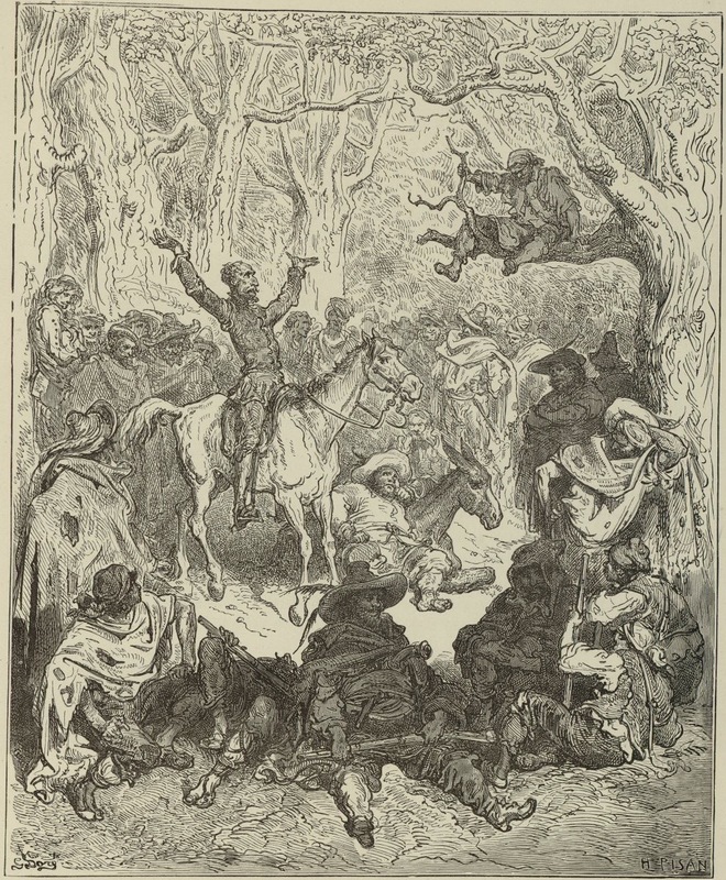 Au milieu d'eux Don Quichotte, monté sur Rossinante, leur faisait un sermon pour leur persuader d'abandonner ce genre de vie