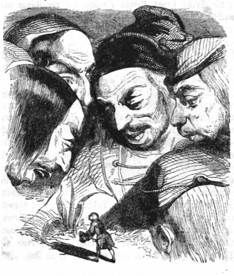 [Giants on Brobdingnag crowd around to examine Gulliver]