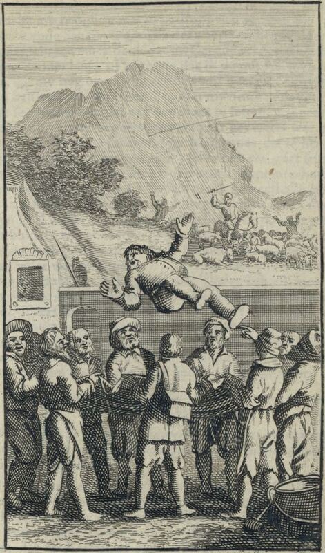 [Don Quixote attacks a flock of sheep; Sancho Panza is blanketed]