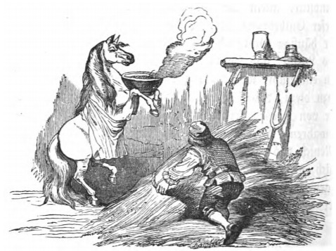 [A Houyhnhnm prepares dinner while Gulliver watches]